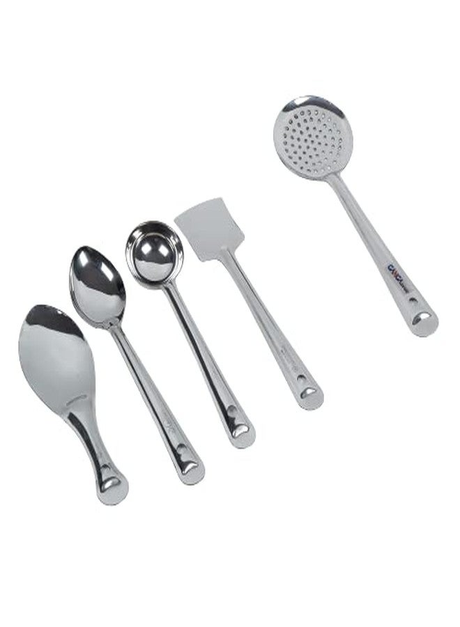 GANGAMETAL طقم ملاعق جانجاميتال مكون من 5 قطع للمطبخ | طقم ملاعق تقديم | أدوات مطبخ للطبخ المنزلي | ملعقة كبيرة، مغرفة، مغرفة، ملعقة تقليب مرنة، ملعقة أرز | لون فضي - Image 2